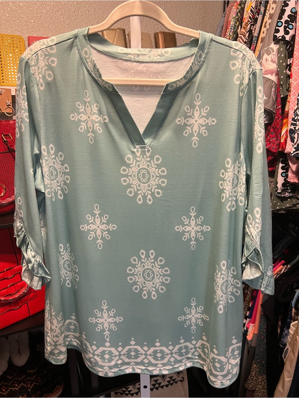 Light Teal Printed V-Neck Top